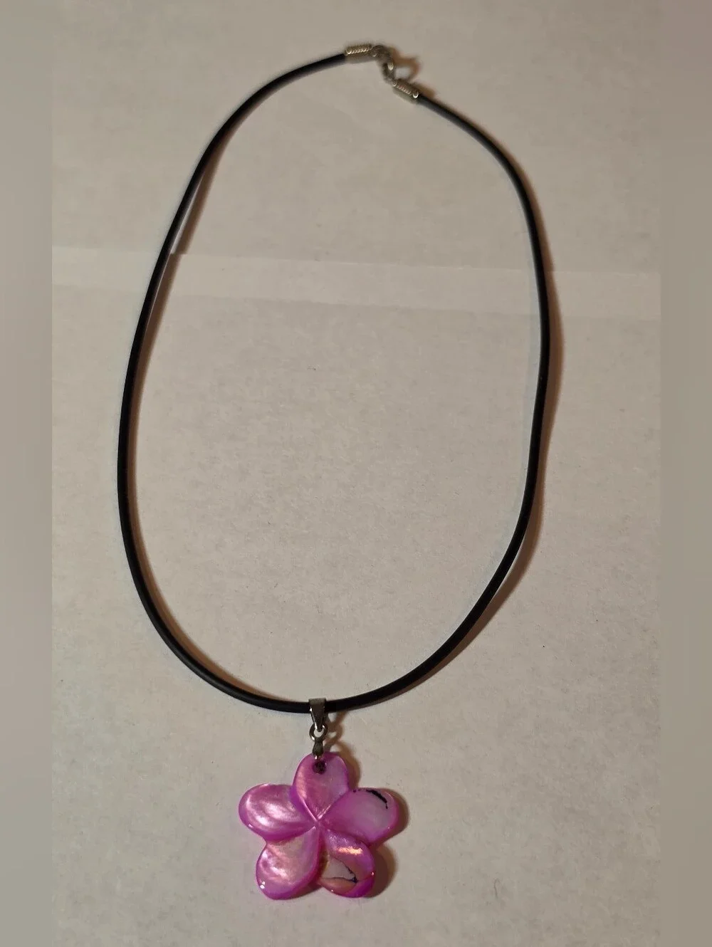 Pink Flower Pendant Necklace on Black Cord